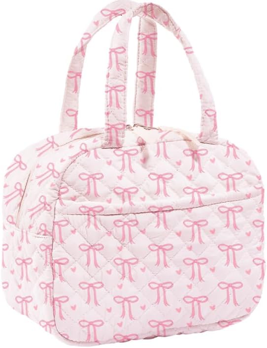 Quilted Lunch Box for Women,Insulated Cute Reusable Lunch Bag with Front Pocket,Pink Flower Stylish Lunch Tote Bag for Work, Office,Picnic, Travel,School (pink bow heart)