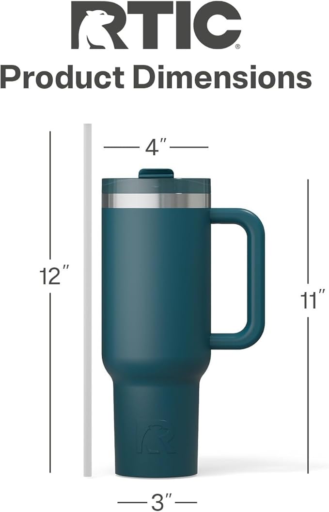 RTIC 40 oz Road Trip Tumbler Double-Walled Cermaic Lined Insulated Stainless Steel Portable Travel Coffee Mug Cup with Lid, Handle and Straw, Marine