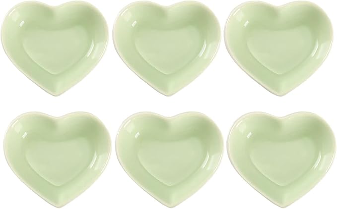 WHJY Green Love Heart Shaped Ceramic Side Dish Bowl, Contemporary Porcelain Side Dishes Bowl, Seasoning Dishes Soy Dipping Sauce Dishes for Wedding Birthday Party- Set of 6