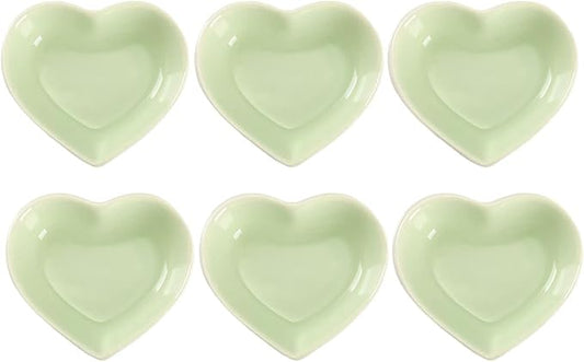 WHJY Green Love Heart Shaped Ceramic Side Dish Bowl, Contemporary Porcelain Side Dishes Bowl, Seasoning Dishes Soy Dipping Sauce Dishes for Wedding Birthday Party- Set of 6