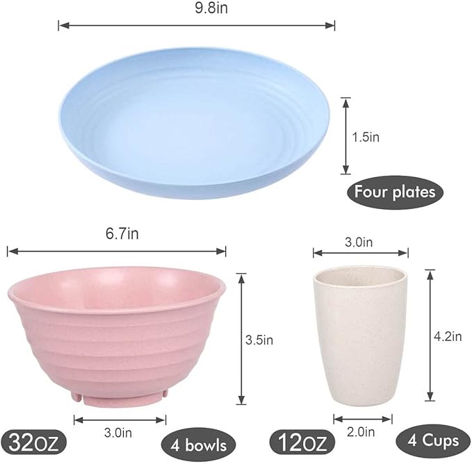 12pcs Plastic Wheat Straw Dinnerware Sets, Wheat Straw Plates and Bowls Sets for 4 College Dorm Room Essentials Microwave Dishwasher Safe (Colourful)