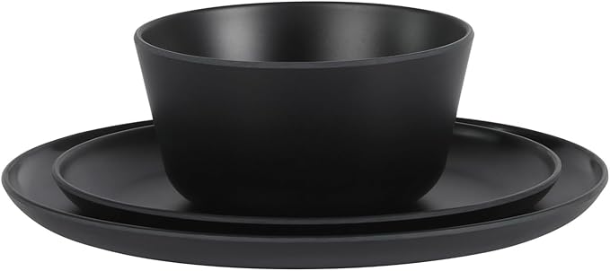 Gibson Home Fairhope 12-Piece Matte Black Melamine Dinnerware Set – Durable Lightweight Plates and Bowls, Kitchen Dining Set