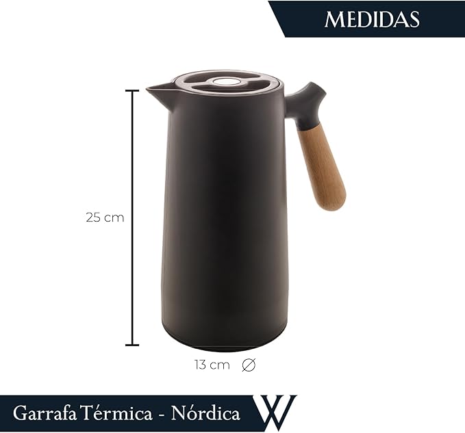 WOLFF - Thermal Coffee Carafe - 34oz / 1L Insulated Plastic Exterior Carafe for Hot or Cold Drinks - Leakproof Coffee and Tea Dispenser with Wood-like Handle and Glass Liner - Black, 34floz/1L