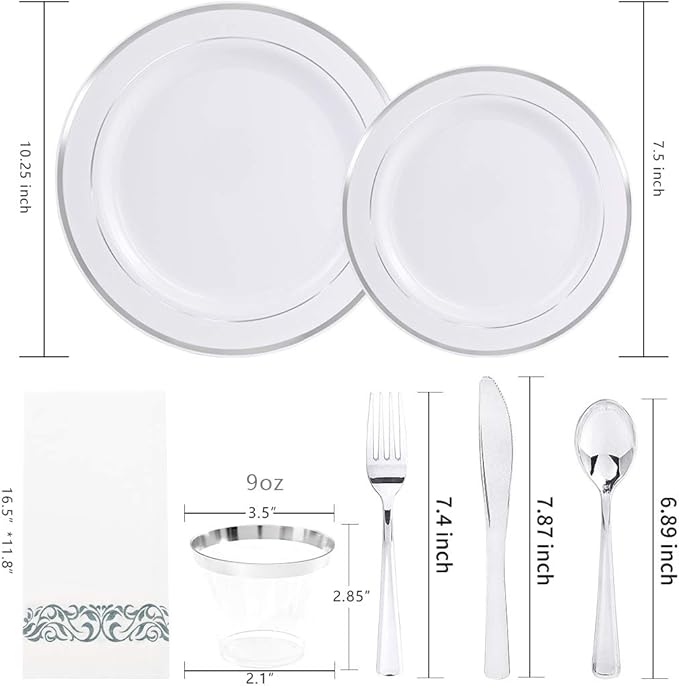 bUCLA 350PCS Silver Plastic Dinnerware Set for 50 Guests - Silver Plates Disposable Include 50 Dinner & 50 Dessert Plates,50 Forks,50 Knives,50 Spoons,50 Cups,50 Napkins for Party & Christmas