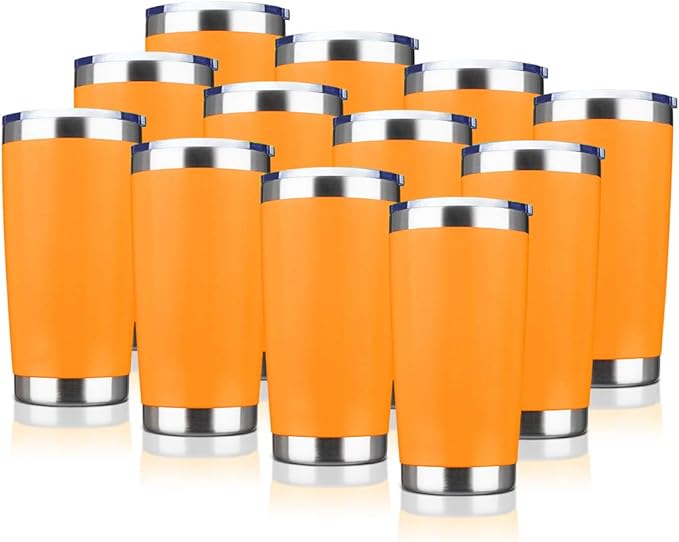 20oz Tumbler Bulk Stainless Steel Vacuum Insulated Tumblers with Lid Double Wall Travel Mug, Durable Powder Coated Coffee Cup, Suitable for Ice Drinks and Hot Beverage (Orange 12pack)
