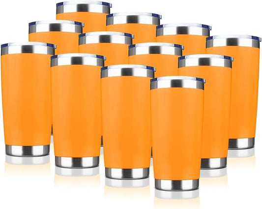 20oz Tumbler Bulk Stainless Steel Vacuum Insulated Tumblers with Lid Double Wall Travel Mug, Durable Powder Coated Coffee Cup, Suitable for Ice Drinks and Hot Beverage (Orange 12pack)