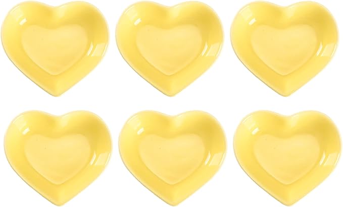 WHJY Yellow Love Heart Shaped Ceramic Side Dish Bowl, Contemporary Porcelain Side Dishes Bowl, Seasoning Dishes Soy Dipping Sauce Dishes for Wedding Birthday Party- Set of 6