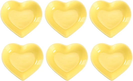 WHJY Yellow Love Heart Shaped Ceramic Side Dish Bowl, Contemporary Porcelain Side Dishes Bowl, Seasoning Dishes Soy Dipping Sauce Dishes for Wedding Birthday Party- Set of 6