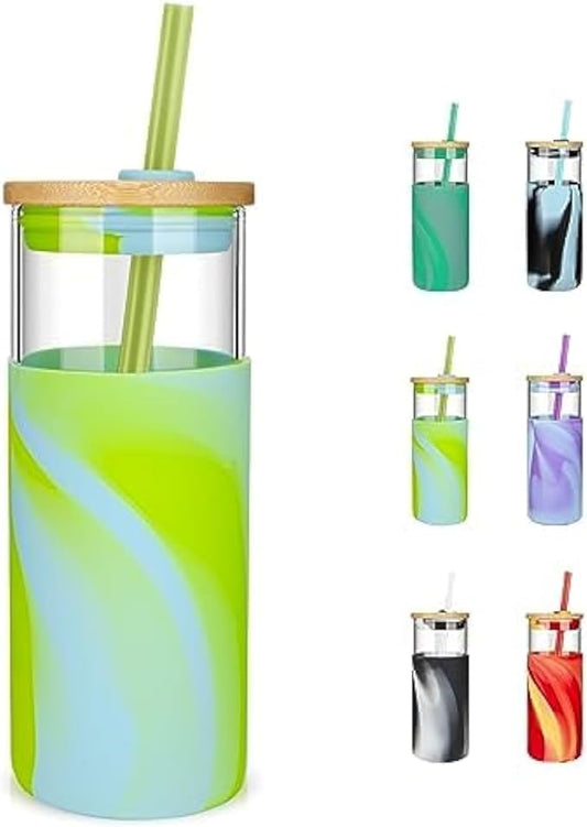 Tronco 20 oz Glass Tumbler with Lid and Straw, Iced Coffee Cup and Smoothie Cup with Bamboo Lids & Protective Silicone Sleeve, Dishwasher Safe, BPA-Free, Glass Cup 1 Pack