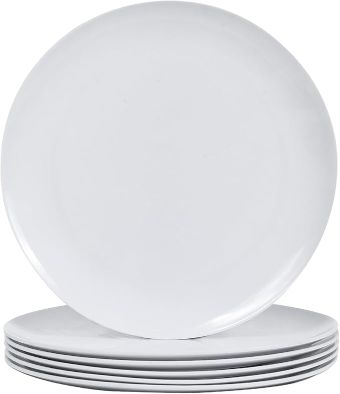 White Melamine Dinner Plates，6pcs Dishes Set，10inch Lightweight Round Plates，Scratch Resistant Unbreakable Serving Dishes，White