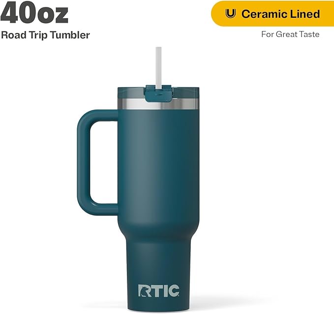RTIC 40 oz Road Trip Tumbler Double-Walled Cermaic Lined Insulated Stainless Steel Portable Travel Coffee Mug Cup with Lid, Handle and Straw, Marine
