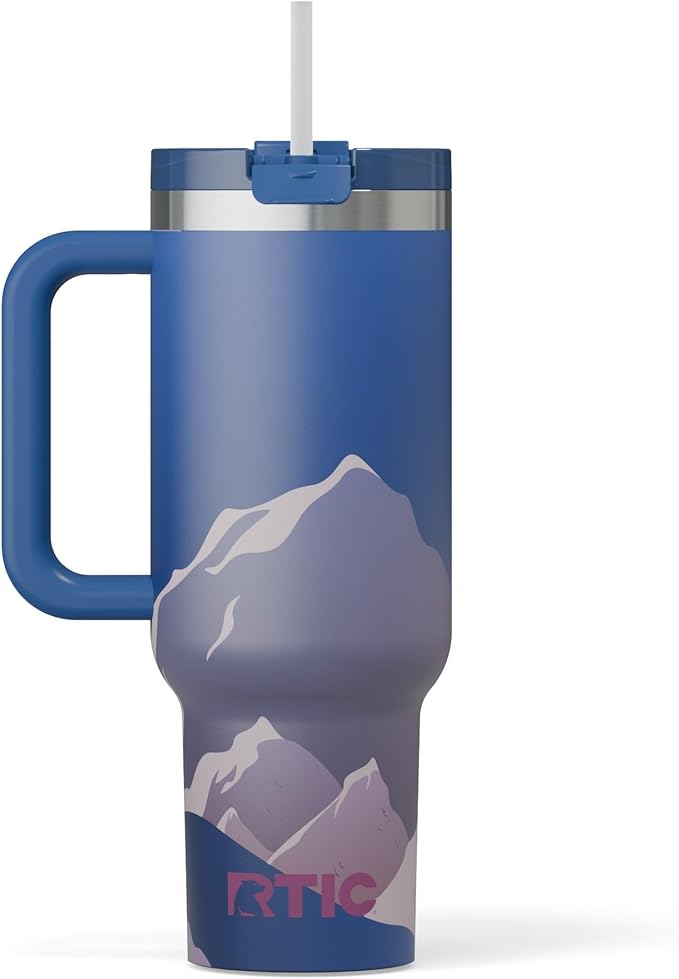 RTIC 40 oz Road Trip Tumbler Double-Walled Cermaic Lined Insulated Stainless Steel Portable Travel Coffee Mug Cup with Lid, Handle and Straw, Snowy Peak
