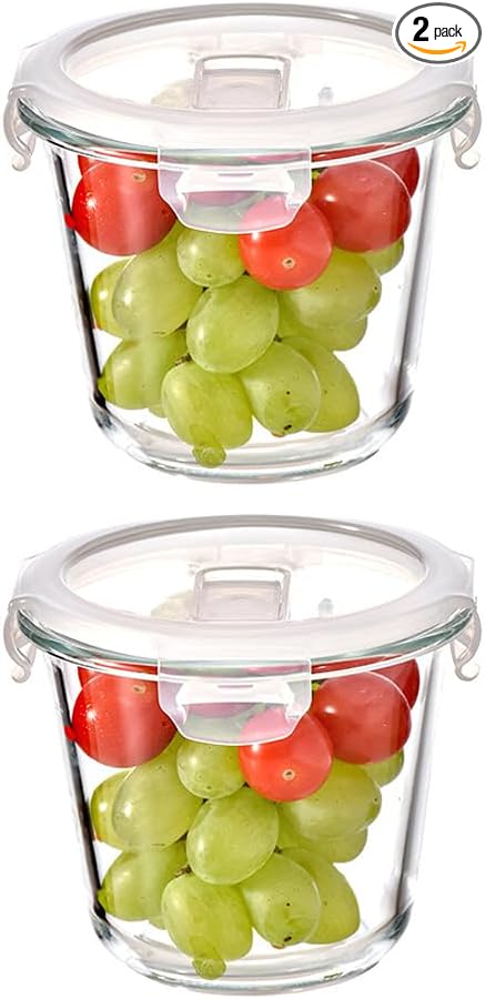 24 Oz Round Glass Soup Storage Container with lids, 3 Cup Glass Food Container with Airtight Lids, Leakproof Round Food Bowls for soup, leftovers, freezer/Oven/Dishwasher Safe - (2 Pack)