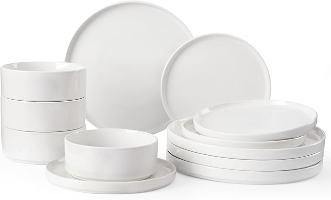 Famiware Nebula Plates and Bowls Set, 12 Pieces Dinnerware Sets, Dishes Set for 4, White