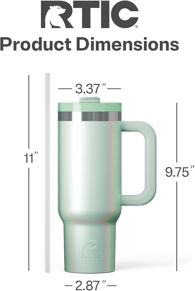 RTIC 30 oz Road Trip Tumbler Double-Walled Ceramic Lined InsulatedStainless Steel Portable Travel Coffee Mug Cup with Lid, Handle and Straw, Fresh Mint Glitter