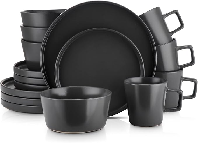 Stone Lain Coupe Dinnerware Set,16 Piece, Service For 4, Black Matte & Celina Stoneware 4-Piece Round Pasta Bowl Set, Black,4 QUARTS