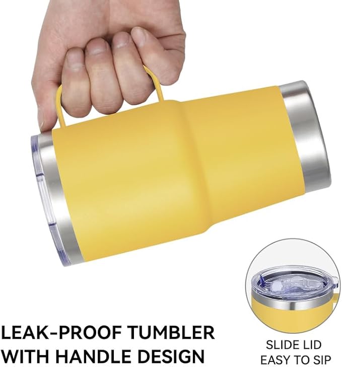 VEGOND 20 oz Tumbler Bulk with Handle Lid and Straw, Stainless Steel Insulated Travel Coffee Mug Set, Spill Proof Double Wall Metal Tumblers Cups, Powder Yellow 12 Pack