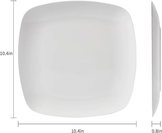 TP 10.5" Melamine Square Dinner Plates, 6-piece Plate Set Unbreakable Serving Dishes for Indoors and Outdoors, Unbreakable Dinner Service for 6, White
