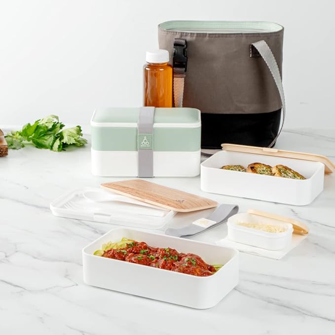 Restaurantware Bento Tek 40.5 Ounces Stackable Lunch Box 1 Reusable Adult Lunch Container - With Utensils Included Sauce Cup Wood Grain & White Plastic Layered Lunch Box Microwavable Dishwashable