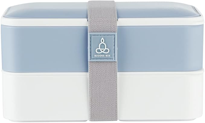 Restaurantware Bento Tek 40.5 Ounces Stackable Lunch Box 1 Reusable Adult Lunch Container - With Utensils Included Sauce Cup Blue & White Plastic Layered Lunch Box Microwavable Dishwashable