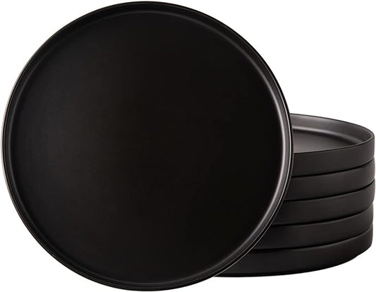 AmorArc Ceramic Dinner Plates Set of 6, 10.0 Inch Matte Stoneware Plates for Kitchen,Modern Flat Dinnerware Dishes Set,Microwave& Dishwasher Safe, Scratch Resistant, Matte Black