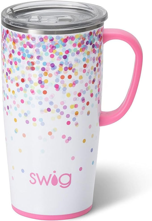 Swig Life 22oz Travel Mug, Insulated Tumbler with Handle and Lid, Cup Holder Friendly, Dishwasher Safe, Stainless Steel, Travel Coffee Cup, Insulated Mug with Lid (Confetti)