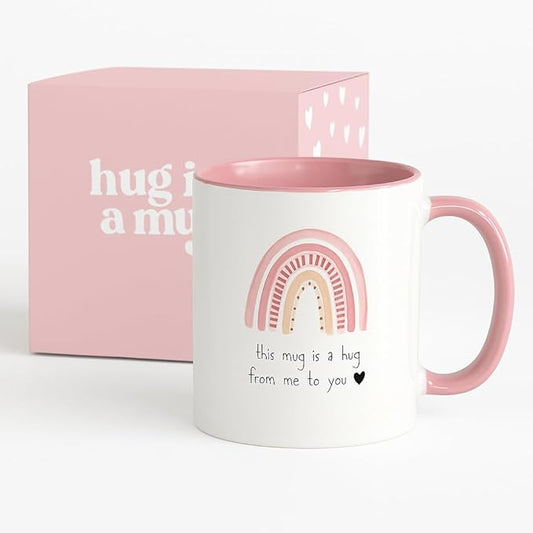 Unboxme Gifts Hug in a Mug – 12 oz Pink Coffee Mug with Heartfelt Quote – A Gift for Best Friend, Sister or Mom to Feel Your Love, Encouragement & Cheer from Afar