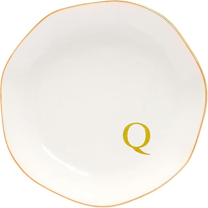Ceramic Jewelry Tray Initial Ring Dish Personalized D-Monogrammed Engagement Wedding Gifts, for Birthday Mother's Day Christmas for Women, Ceramic White 4.75" (Q)