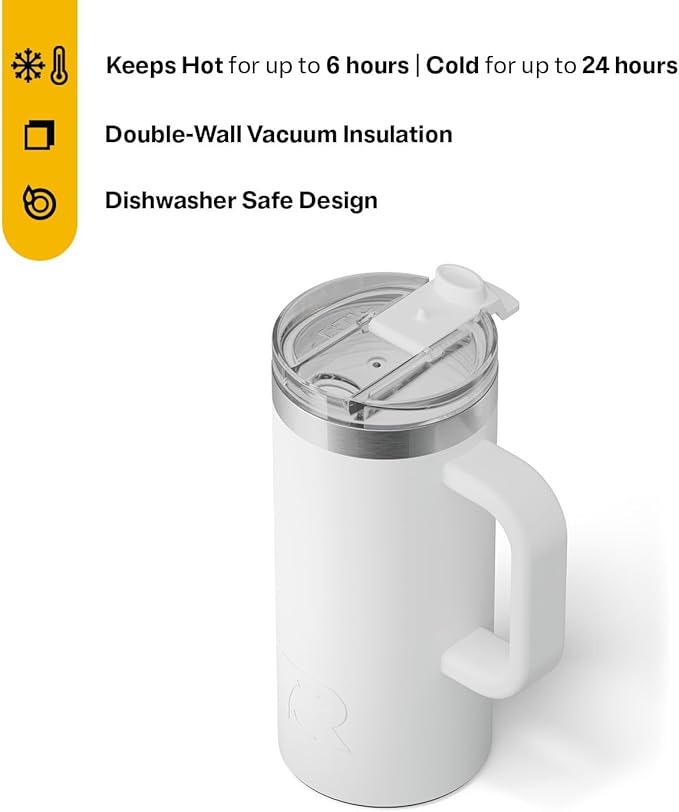 RTIC 16oz Road Trip Travel Mug with Lid and Handle, Ceramic Lined, Insulated, Stainless Steel, Metal, Double Wall Vacuum-Insulation, Portable Coffee, Tea Cup for Hot and Cold Drink, Cool Grey