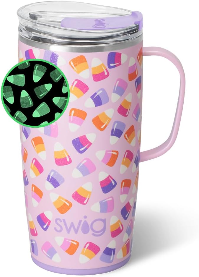 Swig Life 22oz Travel Mug, Halloween Insulated Tumbler with Handle and Lid, Travel Coffee Mug, Cup Holder Friendly, Stainless Steel 22 oz Tumbler, Reusable Insulated with Lid (Candy Corn)