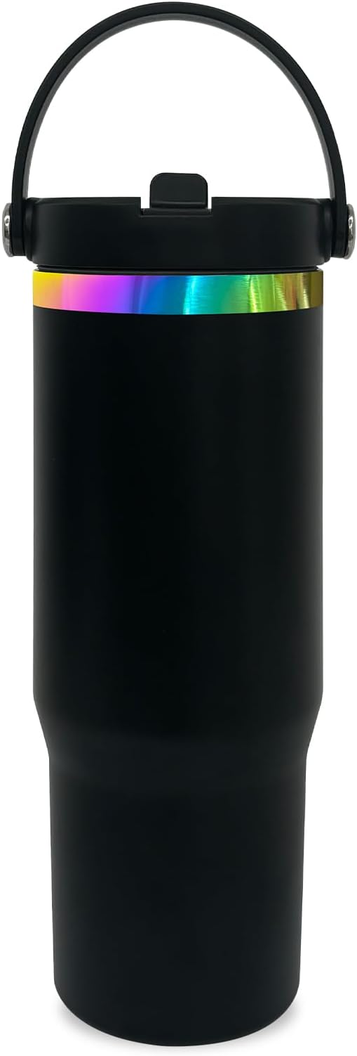 30 oz Tumbler with Handle and Straw, Vacuum Insulated Tumblers with Flip Straw and Top Handle, Leakproof Powder Coated Tumbler, Stainless Steel Travel Mug for Coffee Water (Black)