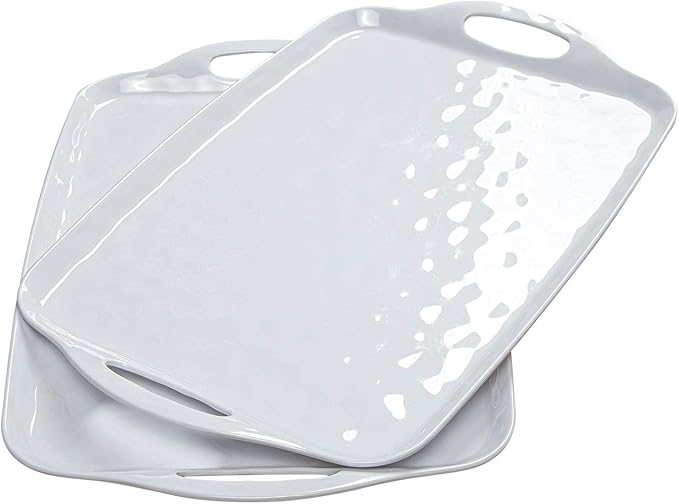 TP Serving Trays with Handles, 17 Inch Large Rectangular Melamine Serving Platter Set of 2, Pure White
