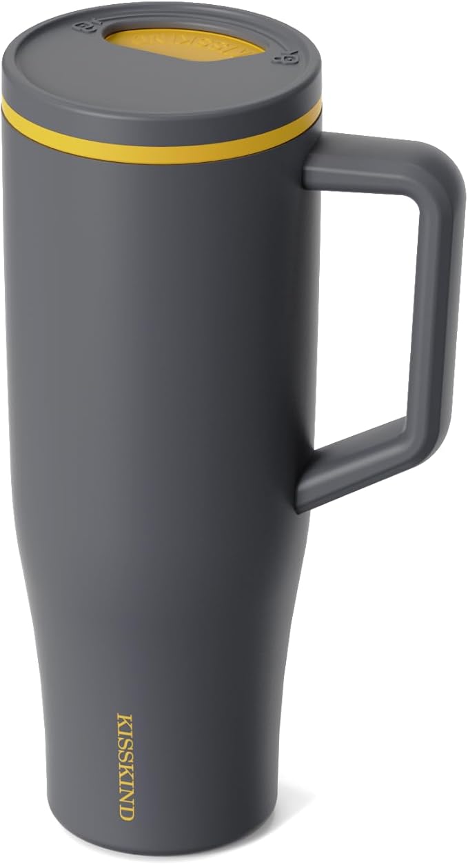 KISSKIND 40 oz Tumbler with Handle and Straw | Lumi Spin Hidden Straw 100% Leakproof Insulated Tumbler | Stainless Steel Water Bottle for Mom, Nurse, Teacher | Gray