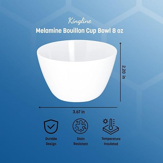 Carlisle FoodService Products Kingline Reusable Plastic Bowl Soup Cup for Home and Restaurant, Melamine, 8 Ounces, White, (Pack of 48)