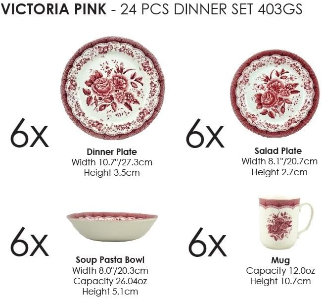 TUDOR ROYAL 24-Piece Porcelain Round Dinnerware Set, Service for 6, VICTORIA Red Design, Blue Floral, Plates Bowls Mugs Dishes, Premium Quality Ceramic Tableware, Unique Pattern, Glossy