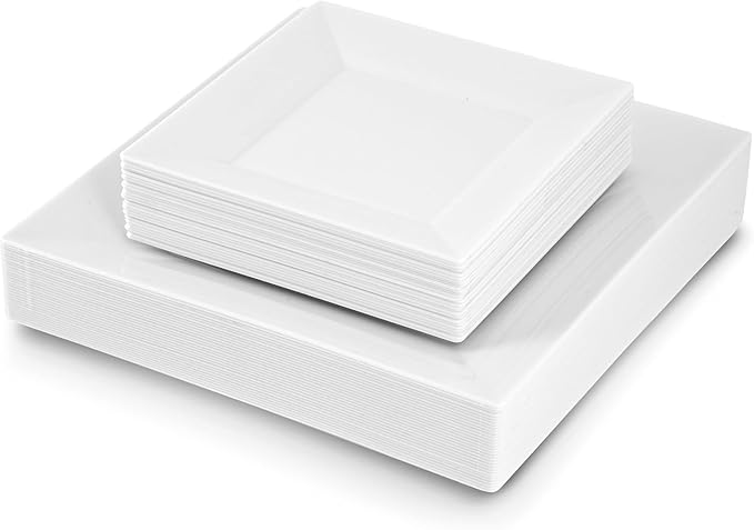 60 Pieces Square White Plastic Disposable Plates - Premium Heavy-Duty 30 Dinner Plates & 30 Salad Plates Ideal for Party, Birthday and Special Events