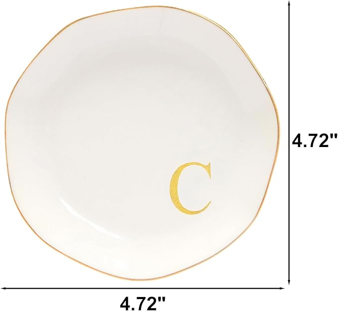Ceramic Jewelry Tray Initial Ring Dish Personalized C-Monogrammed Engagement Wedding Gifts, for Birthday Mother's Day Christmas for Women, Ceramic White 4.75" (C)