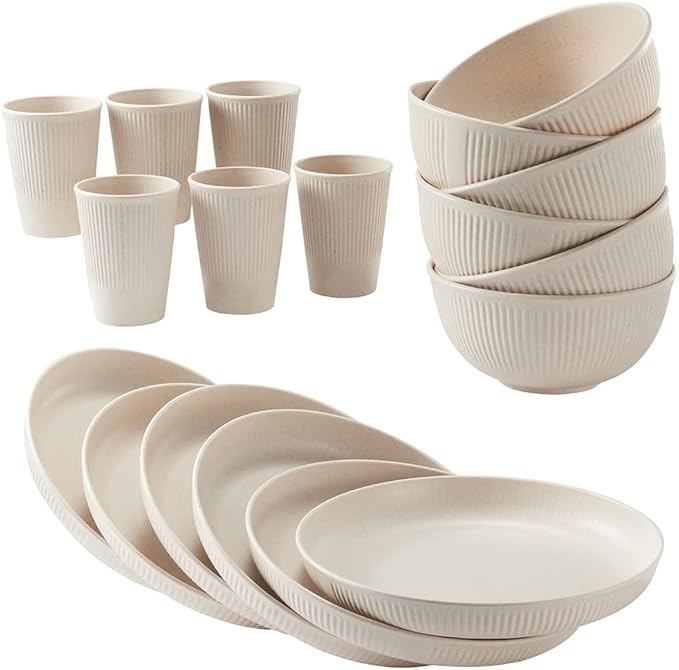 18pcs Wheat Straw Dinnerware Sets HXYPN Unbreakable Reusable Dinnerware Set Kitchen Cups Plates and Bowls Sets Dishwasher Microwave Safe Plates