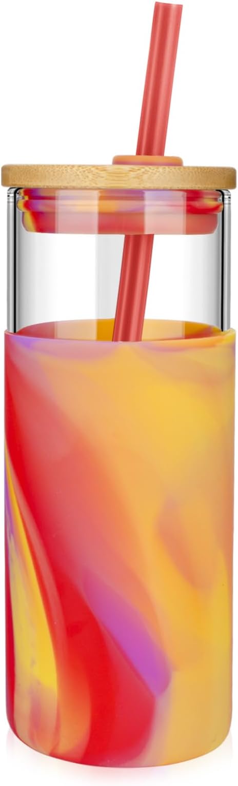 Tronco 20 oz Glass Tumbler with Lid and Straw, Iced Coffee Cup and Smoothie Cup with Bamboo Lids & Protective Silicone Sleeve, Dishwasher Safe, BPA-Free, Glass Cup 1 Pack