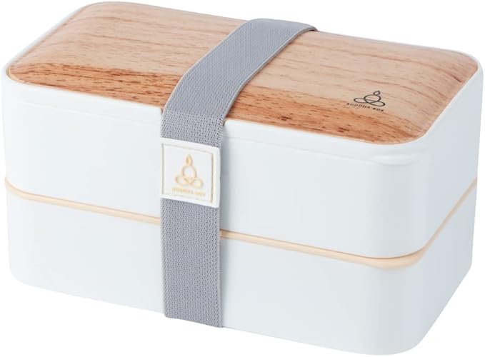 Restaurantware Bento Tek 40.5 Ounces Stackable Lunch Box 1 Reusable Adult Lunch Container - With Utensils Included Sauce Cup Wood Grain & White Plastic Layered Lunch Box Microwavable Dishwashable