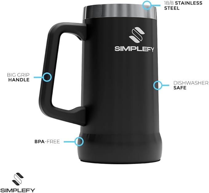 Adventure Beer Stein Mug with Big Grip Handle 24oz Insulated Stainless Steel Tumbler with Large Grip Handle, Keeps Beer Cold for Hours, BPA-Free, Holds 2 Cans, Durable Party Drink Cup