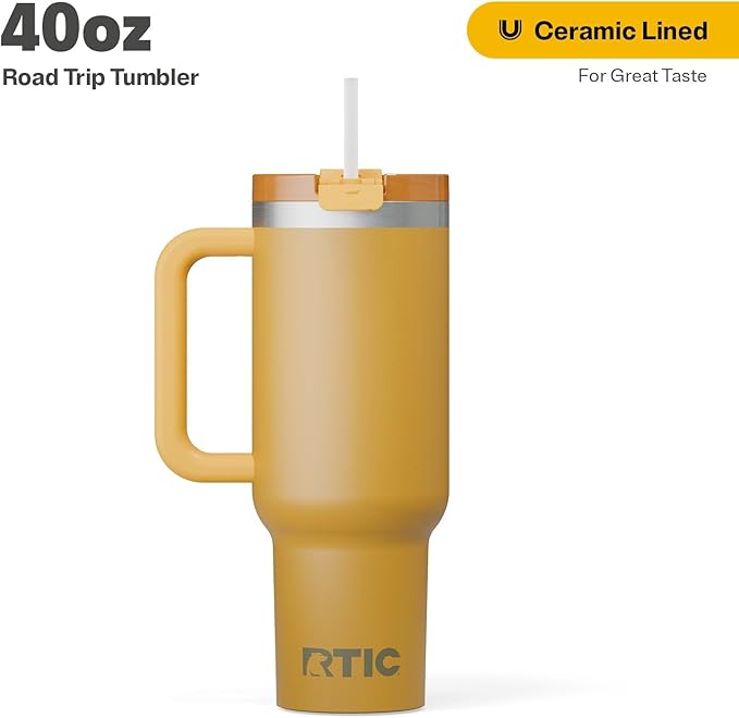 RTIC 40 oz Road Trip Tumbler Double-Walled Cermaic Lined Insulated Stainless Steel Portable Travel Coffee Mug Cup with Lid, Handle and Straw, Harvest
