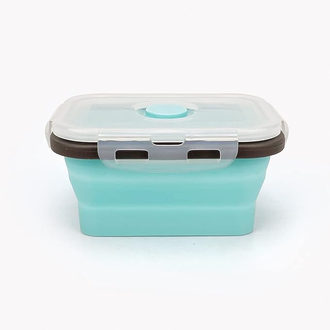 CCyanzi 3piece Collapsible Food Storage Containers with Lids, Silicone Lunch Container, Microwave & Freezer Safe, Space Saving for Kitchen Cabinet and Camping Backpack,(blue gray)