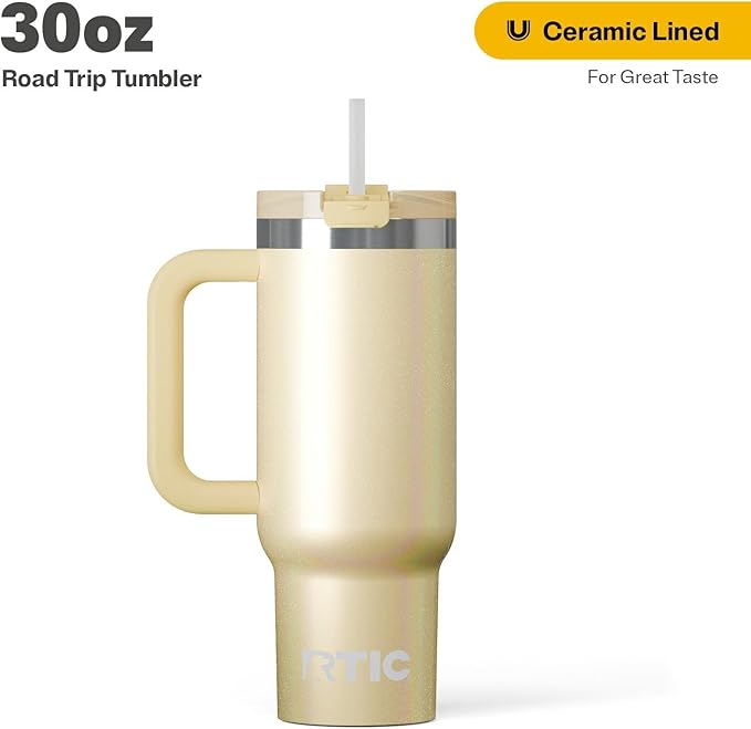 RTIC 30 oz Road Trip Tumbler Double-Walled Ceramic Lined InsulatedStainless Steel Portable Travel Coffee Mug Cup with Lid, Handle and Straw, Sunlight Glitter