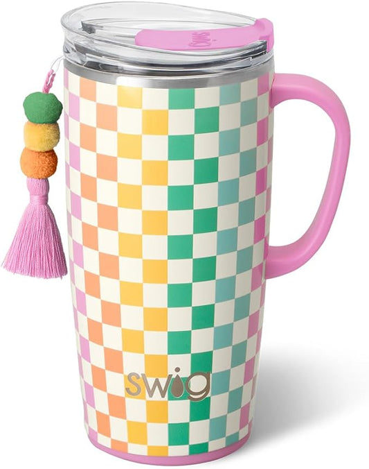 Swig Life 22oz Travel Mug, Insulated Tumbler with Handle and Lid, Cup Holder Friendly, Dishwasher Safe, Stainless Steel, Checkered Tumbler with Handle (Check Mate)