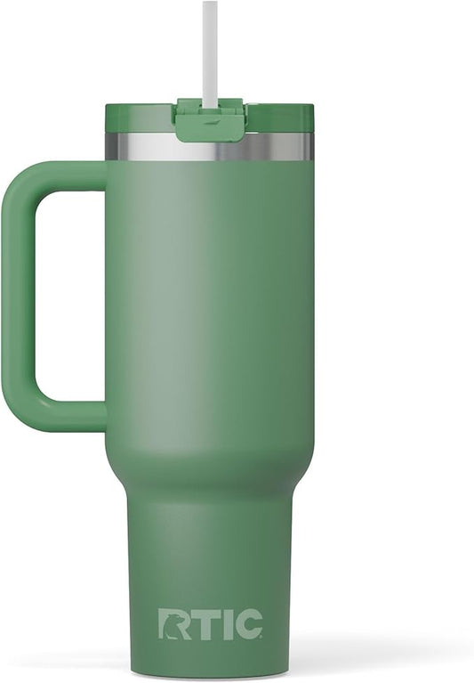 RTIC 40 oz Road Trip Tumbler Double-Walled Cermaic Lined Insulated Stainless Steel Portable Travel Coffee Mug Cup with Lid, Handle and Straw, Sage