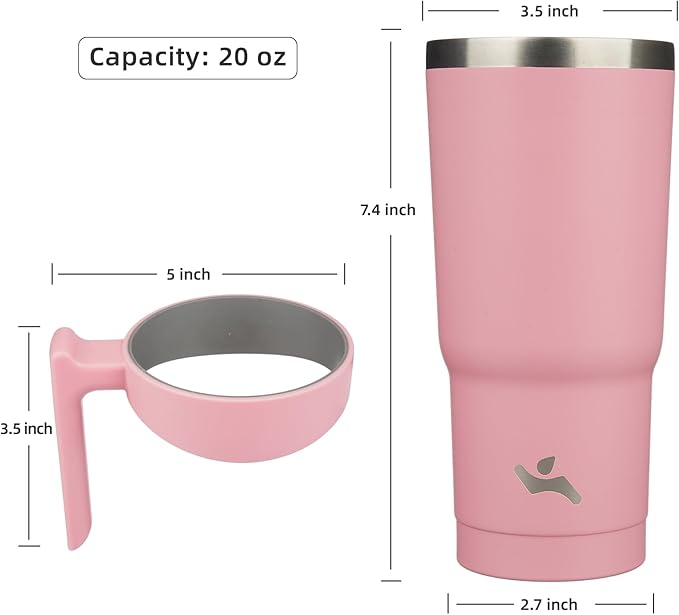 20 oz Tumbler with Handle and 2 Straw 2 Lid, Insulated Water Bottle Stainless Steel Vacuum Cup Reusable Travel Mug, Light Pink