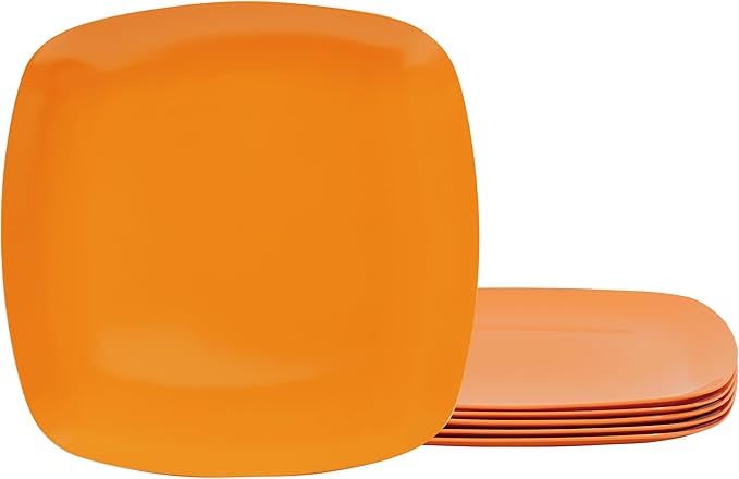 TP 10.5" Melamine Square Dinner Plates, 6-piece Plate Set Unbreakable Serving Dishes for Indoors and Outdoors, Unbreakable Dinner Service for 6, Orange