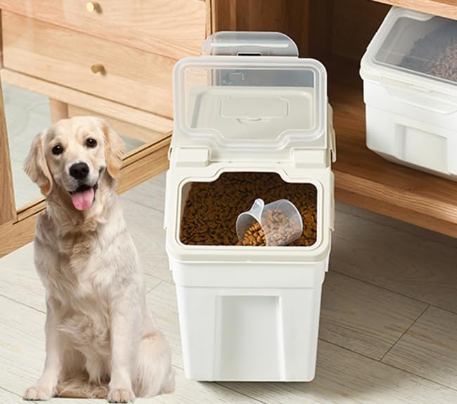 AnRui Dog Food Storage Container with Scoop, Large Airtight Plastic Pet Dog Cat Dry Food Bin, Cereal Grain Organizer Box for Rice, Flour, Snack, Baking Supplies, Kitchen Pantry, 20lb, Grey