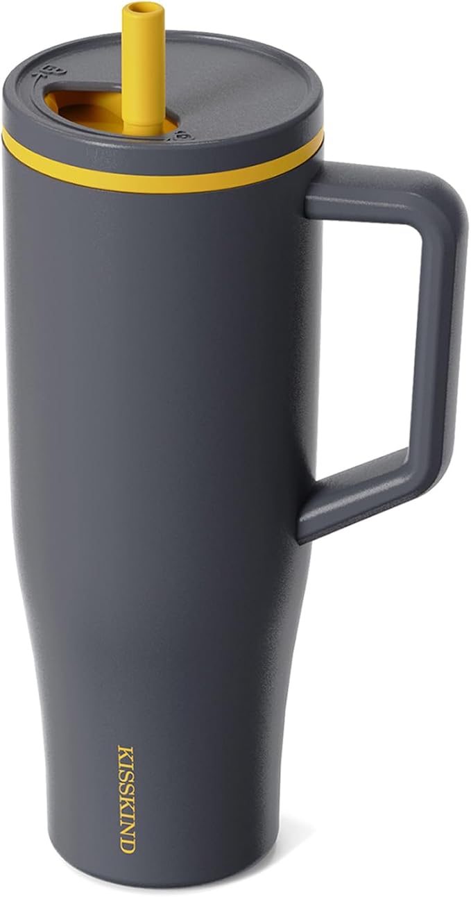 KISSKIND 40 oz Tumbler with Handle and Straw | Lumi Spin Hidden Straw 100% Leakproof Insulated Tumbler | Stainless Steel Water Bottle for Mom, Nurse, Teacher | Gray